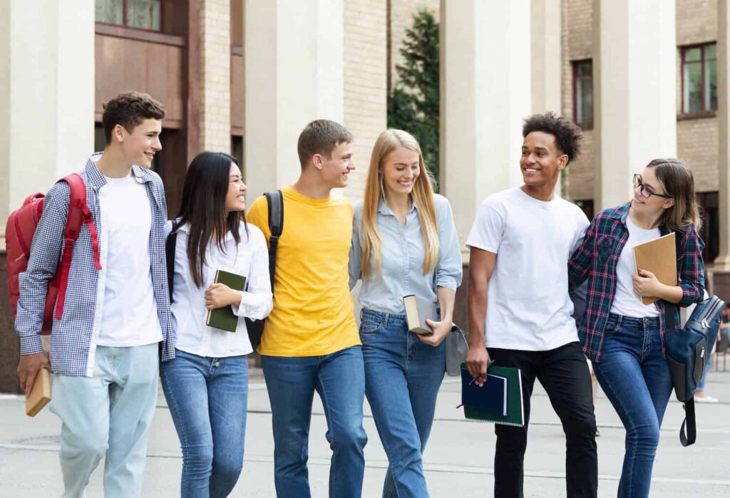 Classmates walking together on campus